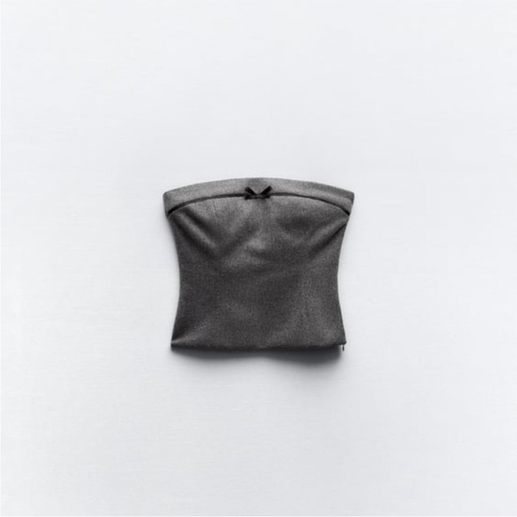 Zara Strapless Flannel Bow Top Grey Black Tube Top Wool Blend Size Small NWT - Picture 3 of 10